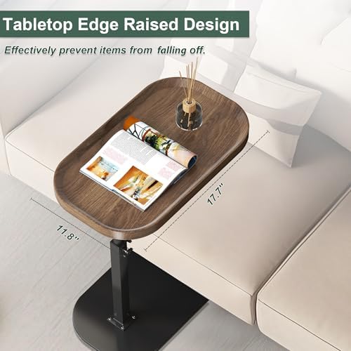 Adjustable Height C Shaped Side Table, Couch Tables that Slide Under, C Side Table Raised Edge, 360°Swivel C Shaped End Table, Small Coffee C Table, End Table for Sofa/Bed/Bathtub (Marble White)