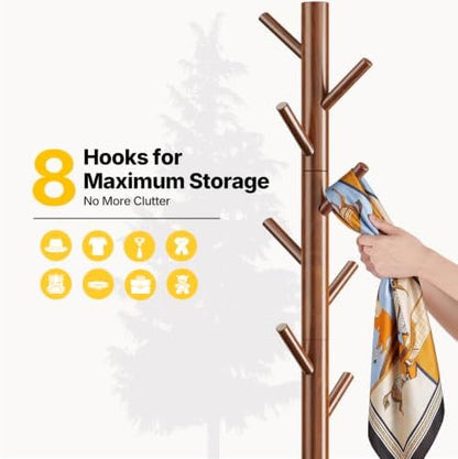 AMADA Solid Wooden Coat Rack Freestanding with 8 Hooks, Walnut