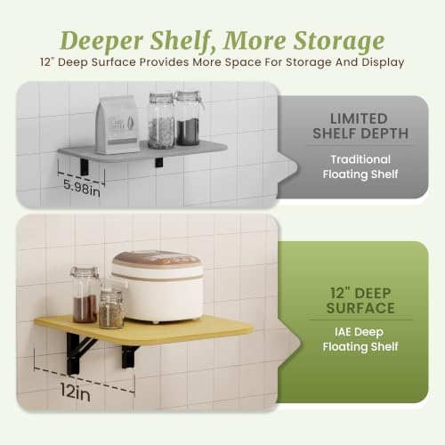 IAE 16 Inch Fold Natural Floating Wall Shelves,12 Inch Deep Wood Wall Shelf