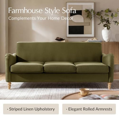 HULALA HOME Farmhouse Curved Couch, 3 Seater Upholstered Sofa, Moss