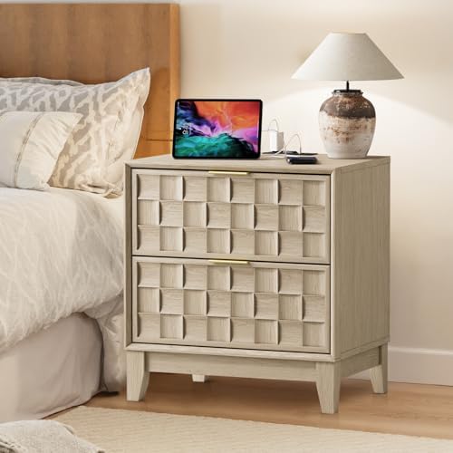 COLAMY Night Stand Bedside Table with Charging Station, Modern Wooden Nightstand 2 Drawers Dresser with Chessboard Relief and Charger for Bedroom, Living Room and Small Space - Oak