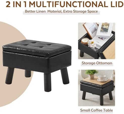 Storage Ottoman, Small Foot Stool Ottoman with Storage, Faux Leather Foot Rest with Wood Legs, Footstool for Living Room, Bedroom, Entryway, Black