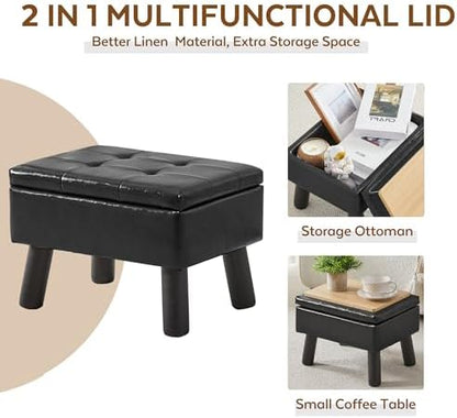 Storage Ottoman, Small Foot Stool Ottoman with Storage, Faux Leather Foot Rest with Wood Legs, Footstool for Living Room, Bedroom, Entryway, Black