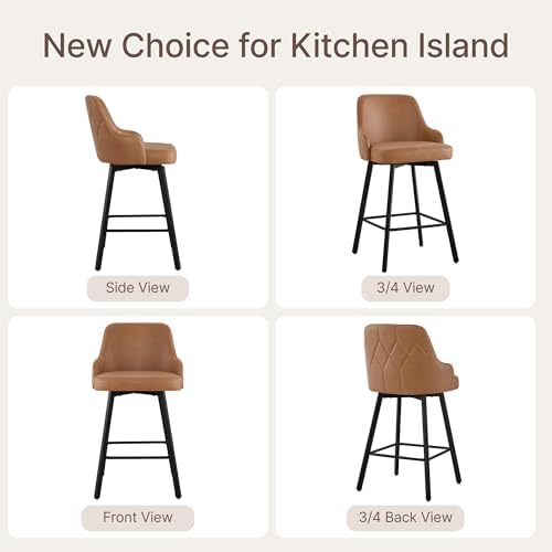 KISLOT 26" Counter Height Swivel Bar Stools Set of 4, Upholstered Faux Leather Barstools with Back, Metal Legs for Kitchen Island Dining Room, Brown