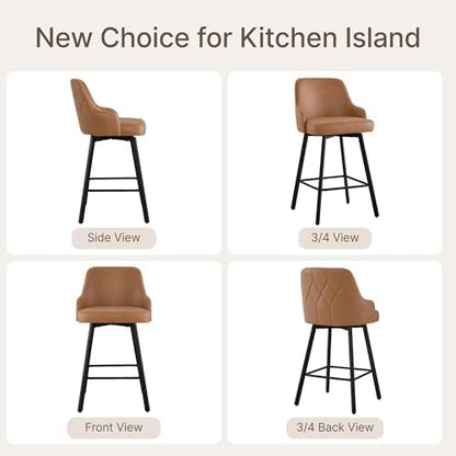 KISLOT 26" Counter Height Swivel Bar Stools Set of 4, Upholstered Faux Leather Barstools with Back, Metal Legs for Kitchen Island Dining Room, Brown