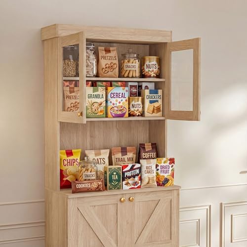 71" Farmhouse Kitchen Pantry Cabinet Set of 2, Brown Freestanding Coffee Bar Hutch with Glass Doors, Drawers & Adjustable Shelves, Large Storage Cabinet with Microwave Stand for Living Room & Kitchen