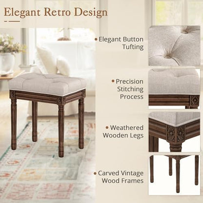 LUE BONA Upholstered Fabric Vanity Bench Seat, Makeup Stools for Vanity, Square Tufted Ottoman Bench with Carved Dark Brown Legs for Bedroom Living Room, Linen Color