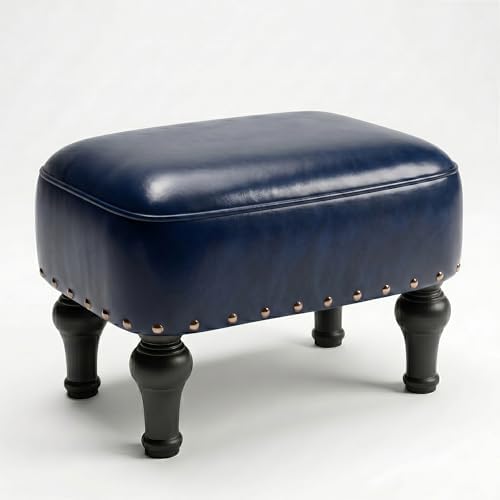Cmishe Ottoman Leather Footrest,Vintage Footstool,Thickened Foam Upholstered Seat,Wooden Leg Foot Rest,Under Desk Shoe Bench Small Bench for Living Room Dining Room(Blue)