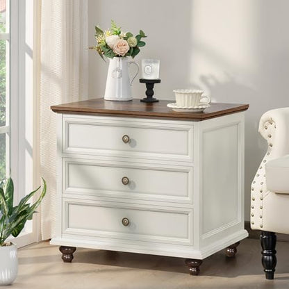 Joaxswe 24" Wide Farmhouse Night Stand,Large End Table with 3 Drawers & Metal Handle,Wood Dresser for Bedroom, White Bed Side Table Chest of Drawers Cabinet,Nightstand for Living Room,Closet