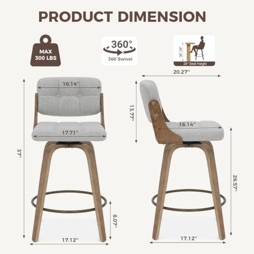 26" Swivel Boucle Counter Height Bar Stools Set of 2, Open Back, Gray