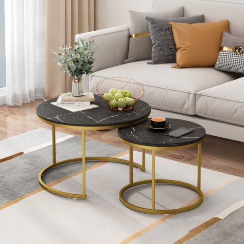 27.6" Round Nesting Coffee Table Set of 2, Black & Gold Marble