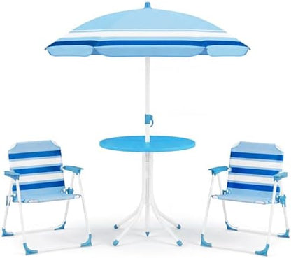 Olakids Kids Picnic Table, Outdoor Toddler Patio Furniture Set with 2 Folding Chairs Adjustable Foldable Umbrella for Garden Backyard Beach (Blue)