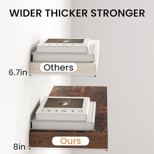 16" Floating Shelves for Wall, Set of 3, 8" Deep, 1.5" Thick, Brown