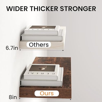 16" Floating Shelves for Wall, Set of 3, 8" Deep, 1.5" Thick, Brown