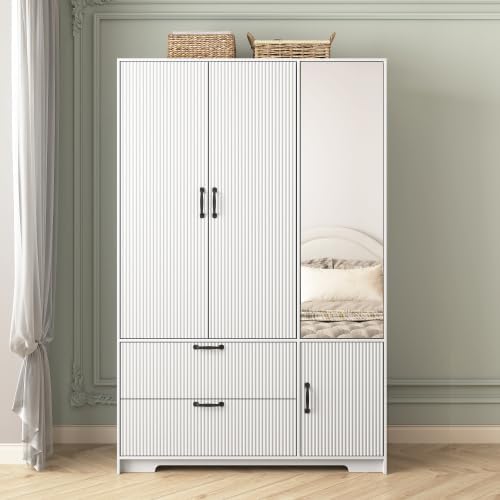 White Fluted Wardrobe Closet with Mirror and Light, 3-Door Armoire Wardrobe with 2 Drawers, Hanging Rod, Shelves, Freestanding Bedroom Storage Cabinet