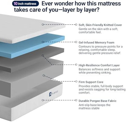 Avenco 10 Inch King Size Gel Memory Foam Mattress, Cooling Breathable Open-Cell Foam, Pressure Relief & Spine Support, Removable Washable Cover, CertiPUR-US Certified, Mattress in Box for Cool Sleep
