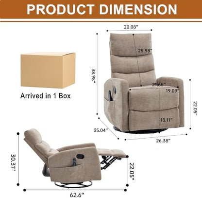 Luxlen Manual Swivel Rocker Recliner Chair with Vibration Massage, Overstuffed Glider Chair with Lumbar Heat for Nursery, Living Room Reclining Sofa Chair, Chenille Fabric Khaqi