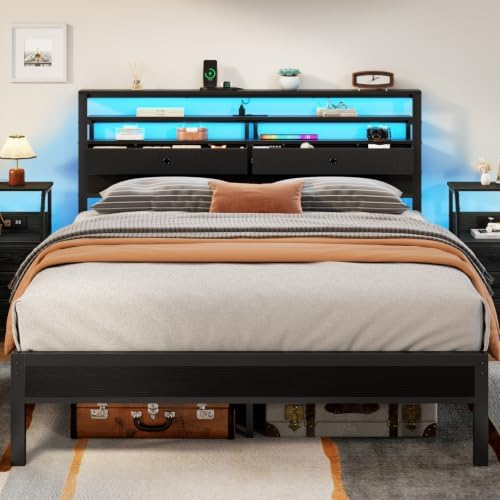 Queen Bed Frame with Charging Station and LED Lights, Black Oak