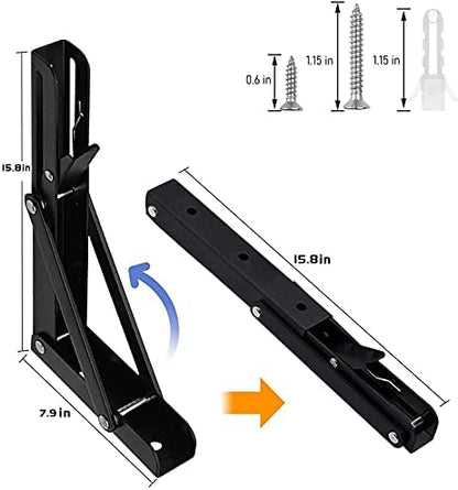 Folding Shelf Brackets - 16 Inch 2 Pcs Heavy Duty Stainless Steel Collapsible Triangle Shelf Bracket, DIY Wall Mounted Folding Table Hinge, Space Saving for Bench Table with Screws
