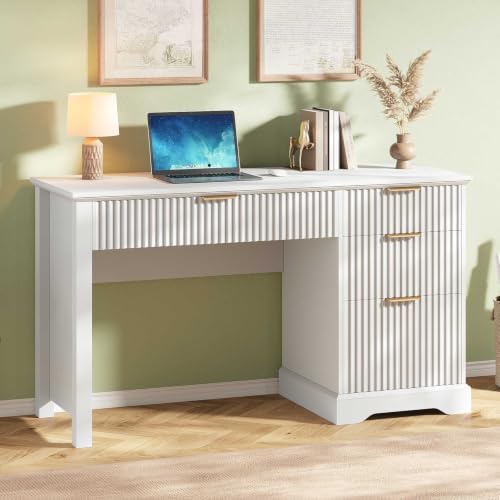 Vabches Fluted Executive Desk with File Drawer, White
