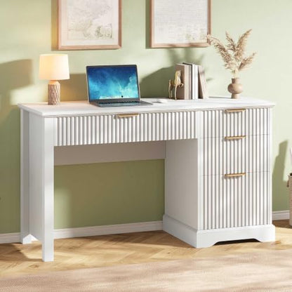 Vabches Fluted Executive Desk with File Drawer, White