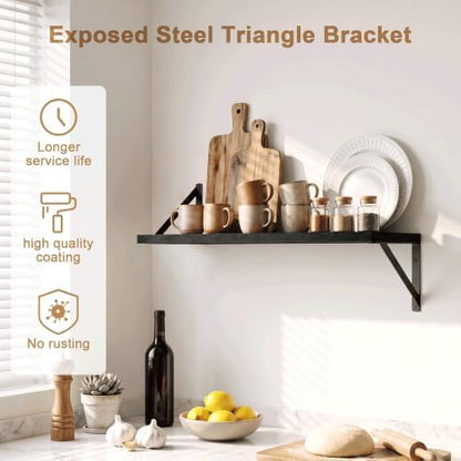 Extra Long Floating Wall Shelves, 48 x 8 Inches, Set of 3 Large Wood Floating Bookshelves with Metal Brackets for Storage & Display (Black)