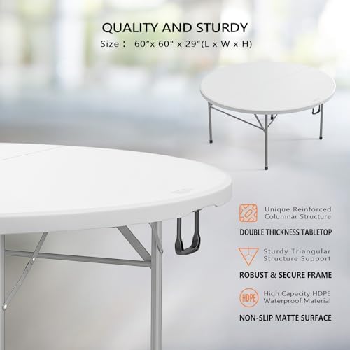 VINGLI White 5 FT Round Bi-Folding Commercial Table, 60 inch Portable Plastic Dining Card Table for Kitchen Party Wedding Event, 2-Pack