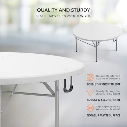 VINGLI White 5 FT Round Bi-Folding Commercial Table, 60 inch Portable Plastic Dining Card Table for Kitchen Party Wedding Event, 2-Pack