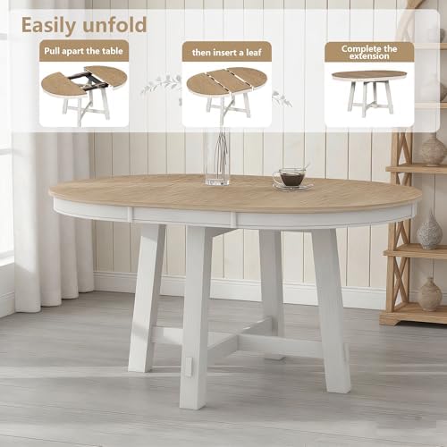 Bellemave 42"-58" Extendable Dining Table for 4-6, Solid Wood Oval Dining Kitchen Table with Removable Leaf, Farmhouse Circle Desk for Kitchen Living Room Space Saving (Natural+White)