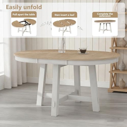 Bellemave 42"-58" Extendable Dining Table for 4-6, Solid Wood Oval Dining Kitchen Table with Removable Leaf, Farmhouse Circle Desk for Kitchen Living Room Space Saving (Natural+White)