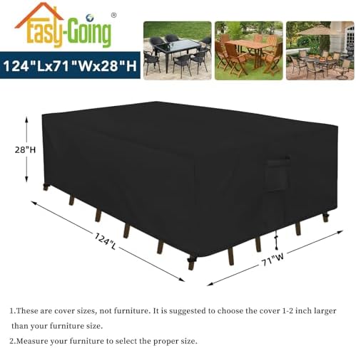 Easy-Going Rectangle Patio Furniture Cover Waterproof Outdoor Dining Table and Chair Cover Anti-UV Outside Sectional Sofa Set Covers (124"L x 71"W x 28"H, Black)