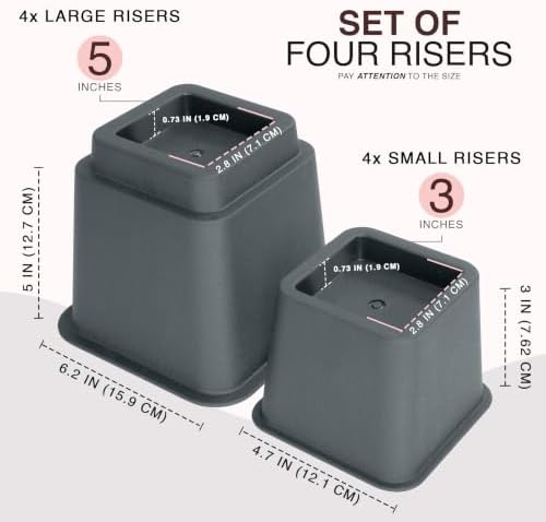 Utopia Bedding Heavy Duty Bed Risers, 3, 5, 8 Inch, Pack of 4, Grey