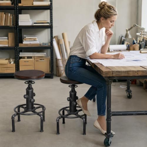 Topower Antique Vintage Industrial Barstool Solid Wood Water Pipe Fire Hydrant Design Cafe Coffee Industrial Bar Stool Set of 2 Silver