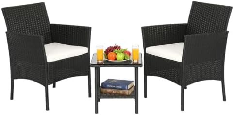FDW 3-Piece Patio Furniture Set | Black & Beige | Outdoor Wicker Furniture