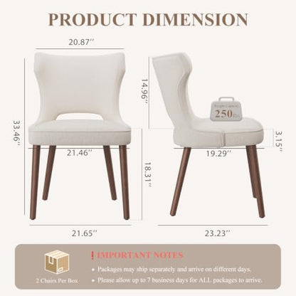 Wooden Dining Chairs Set of 6, Mid Century Dining Room Chairs with Solid Wood Legs, Upholstered Fabric Kitchen Chairs with Ergonomic Curved Backrest for Kitchen Dining Room, Beige