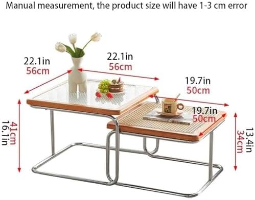 Nesting Coffee Table, Square End Table Set of 2, Small Coffee Table with Rattan and Tempered Glass Tabletop, Nesting Tables for Living Room (Natural)