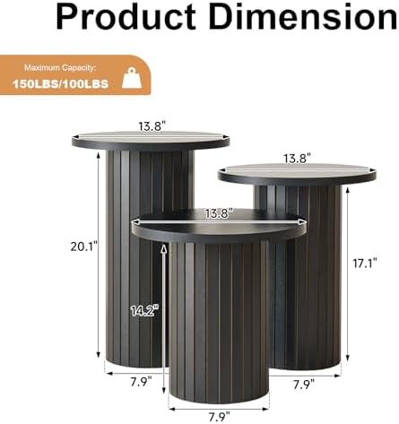 3-Piece Nesting Coffee Table Set Small Round Side Tables, Black