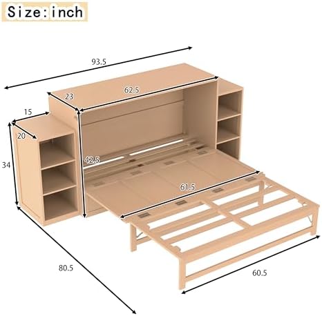Bellemave Queen Murphy Bed, Cabinet Bed with 2 Shelves and Storage Drawers, Farmhouse Murphy Cabinet, Golden