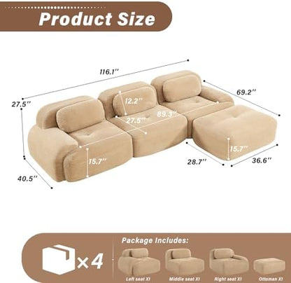 117" Corduroy Modern Sectional Couch, Boneless Couch, Compact sofa, Camel