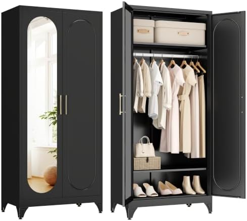 Metal Wardrobe Closet with Mirror Doors and 2 Adjustable Shelves