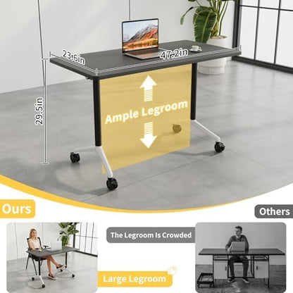 Folding Conference Table, Conference Room Tables with Wheels Foldable Large Rectangle Meeting Seminar Table for 6-12 People, Flip Top Mobile Training Table for Office Classr (4, Black 2, 47.2in)