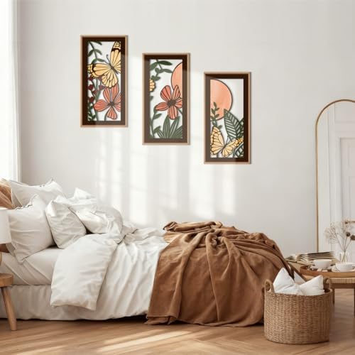IARTTOP Wood Floral Framed Wall Art 8x16 Inch Set of 3 Abstract Green Leaf Butterfly Wooden Wall Decor Minimalist Nature Landscape Artwork for Living room Bedroom Dining room
