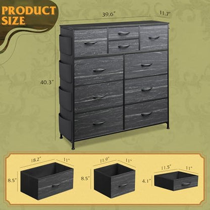WLIVE 10 Drawer Fabric Dresser for Bedroom, Side Pocket & Hooks, Charcoal