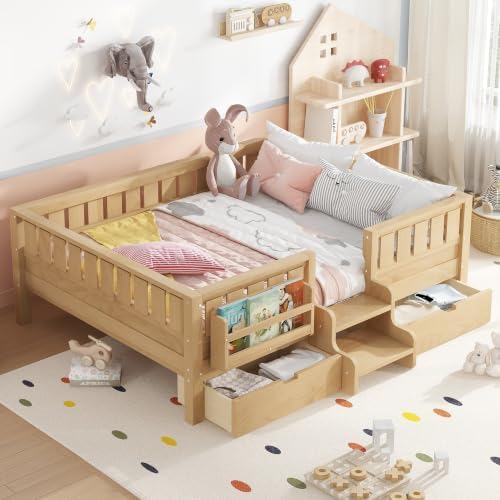 Bellemave Full Size Bed Frame with Storage Drawers & Bookshelf, Low Profile Kids Bed with Staircase & Full Length Guardrails, Solid Wood Full Size Bed Frame Kids with Slats Load 450 LBS, Natural