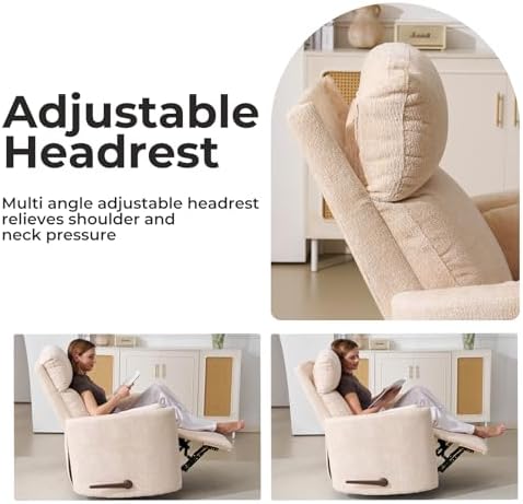 Oversized Swivel Rocker Recliner Chair with Massage and Heat, Manual Swivel Glider Rocker Recliner with 2 Bolster Pillows, Rocking Nursery Chair with Storage Ottoman , Adjustable Headrest, Beige