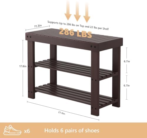 NEWBULIG Shoe Rack Bench, 3-Tier Bamboo Organizer, 11x28x18in, Dark Brown