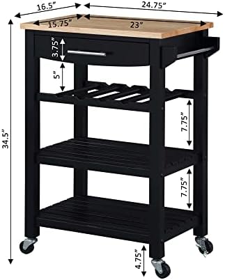 Convenience Concepts Ellaine Butcher Block Kitchen Cart 24.75" - 4 Tier Kitchen Island with Storage Drawer, Dining Room Wine Rack on Wheels, Coffee Station Table, Mobile Utility Trolley, Black