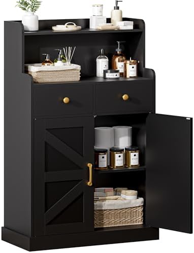 Farmhouse Bathroom Storage Cabinet with 2 Drawers & 2 Doors, Kitchen Cabinet Cupboard with Adjustable Shelves, Floor Storage Cabinet for Kitchen/Living Room/Bedroom, Black