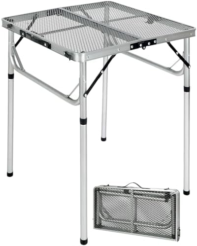 REDCAMP 24" Square Folding Grill Table for Outside, Lightweight Portable Metal Aluminum Outdoor Grill Table with Adjustable Height Legs, Great for Camping Picnic Cooking BBQ, Silver 2ft