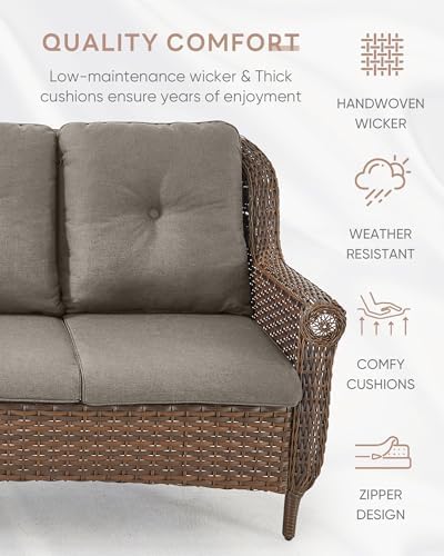 Patio Loveseat Outdoor Wicker Sofa - Heavy Duty All-Weather Brown Rattan 2-Person Sofas with High Back and Comfortable Thick Cushions for Garden Back Porch Poolside Apartment - Grey